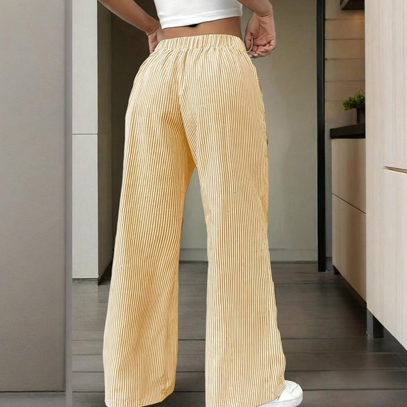 Women's Striped Wide Leg Pants With Pockets & Tie-Waist Detail - Casual Minimalist Trousers