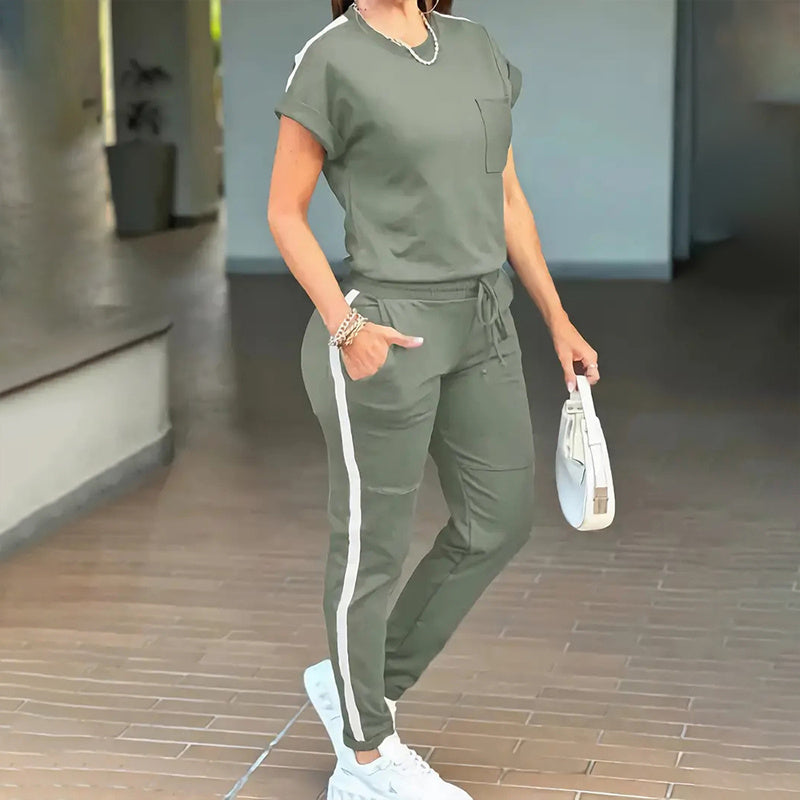 Short Sleeve Two-Piece Set with Stripe Trim