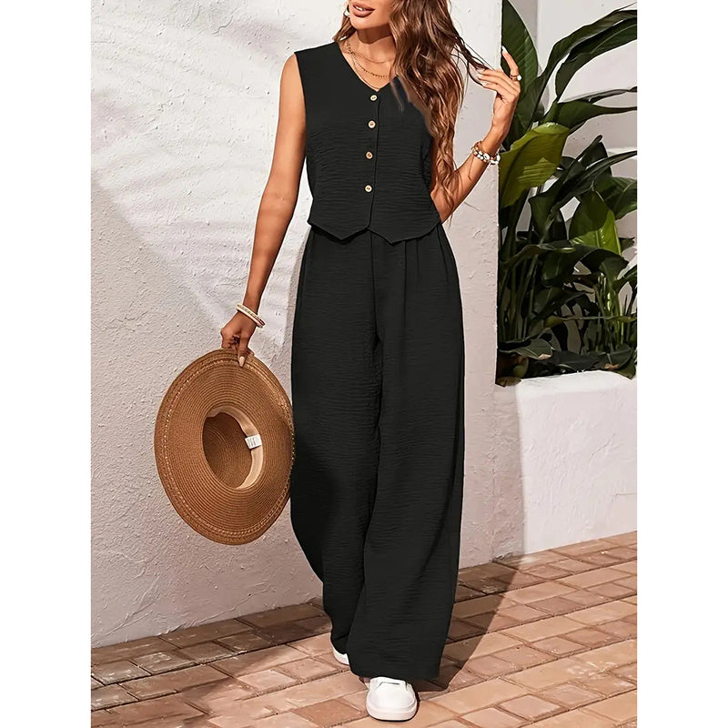 Button V-Neck Crop Vest Blazer & Wide Leg Pants Suit
