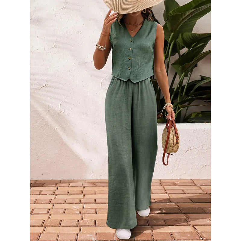 Button V-Neck Crop Vest Blazer & Wide Leg Pants Suit