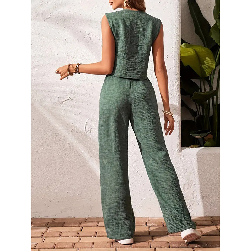 Button V-Neck Crop Vest Blazer & Wide Leg Pants Suit