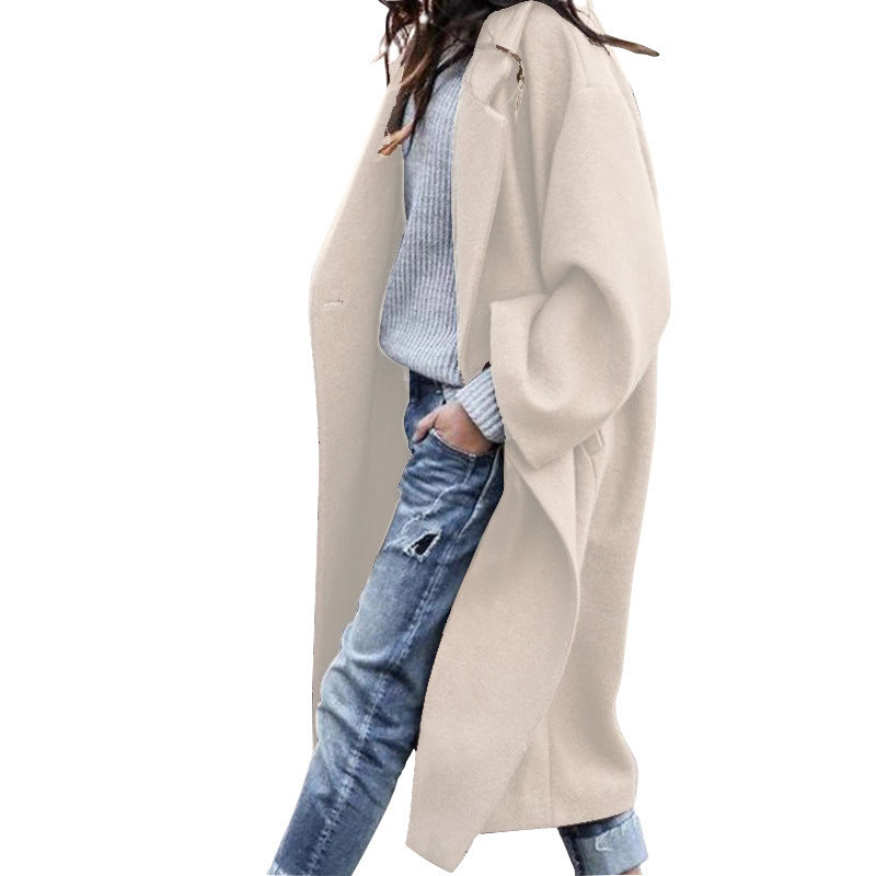 Long Woolen Coat with Pockets - Single Breasted Lapel Jacket