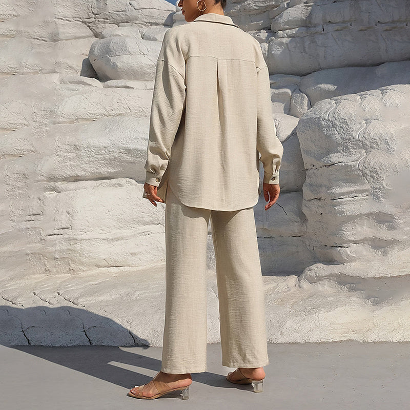 Lapel Button-Up Shirt & Drawstring Pants Set