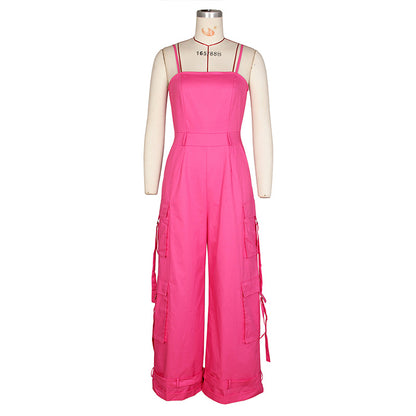 Women's Solid Color Sleeveless Jumpsuit - Wide Leg Romper With Adjustable Hem & 4 Pockets Summer Casual Outfit