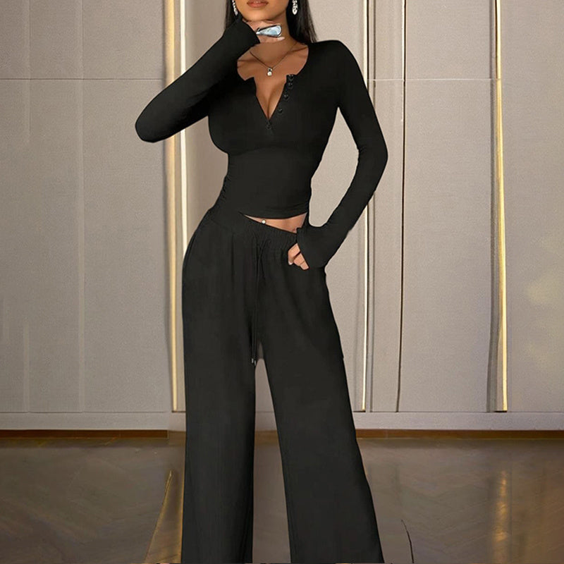 V-Neck Button-Up Top & Flared Pants Set