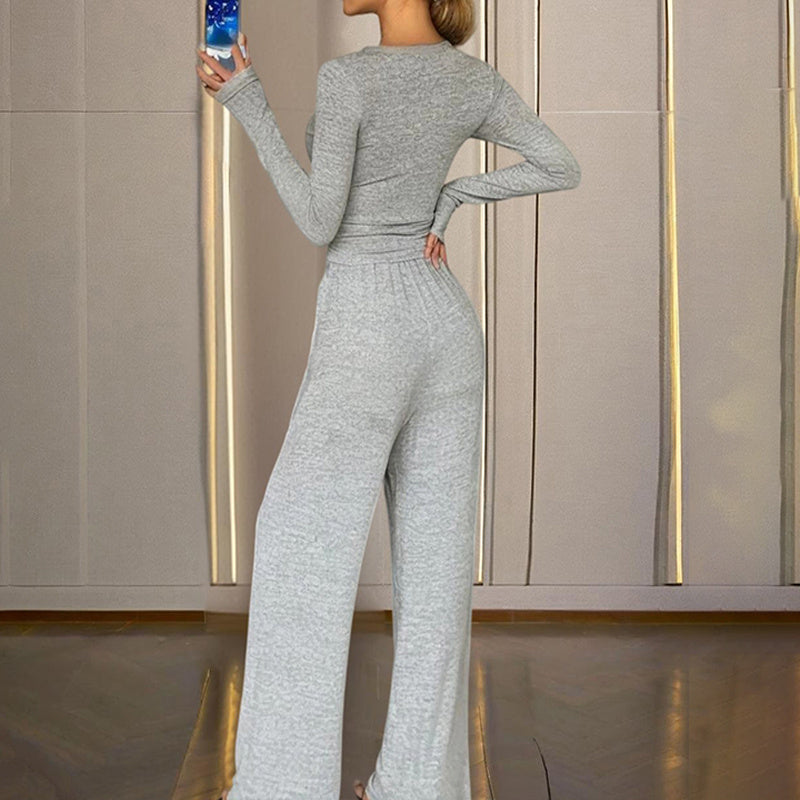 V-Neck Button-Up Top & Flared Pants Set