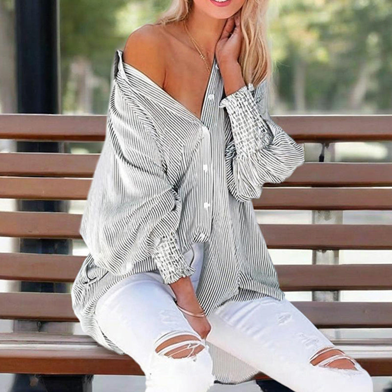Striped Long Sleeve Shirt with Knit Cuff Detail