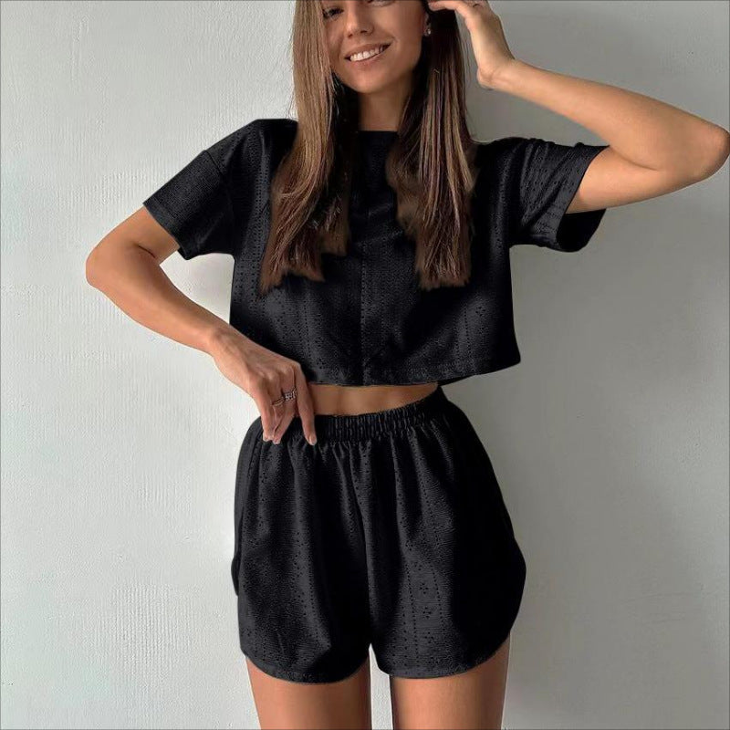 Hollow Crop Top & Elastic Slit Shorts Set - Summer Activewear