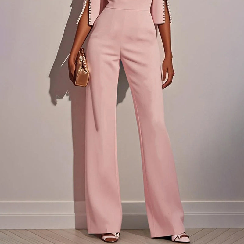 Elegant Round Neck Jumpsuit with Pearl Accents