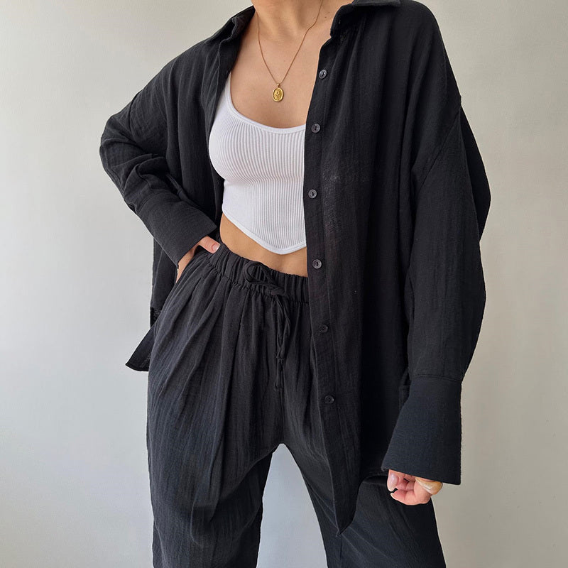 Lapel Collar Shirt & High-Waist Pants Set