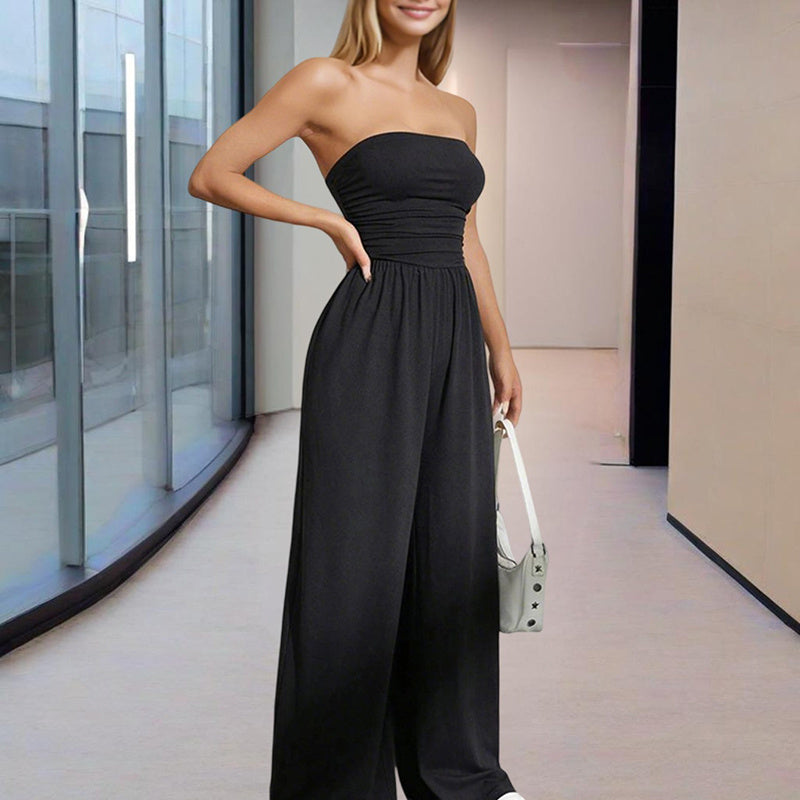 Strapless Wide Leg Jumpsuit with Pleats