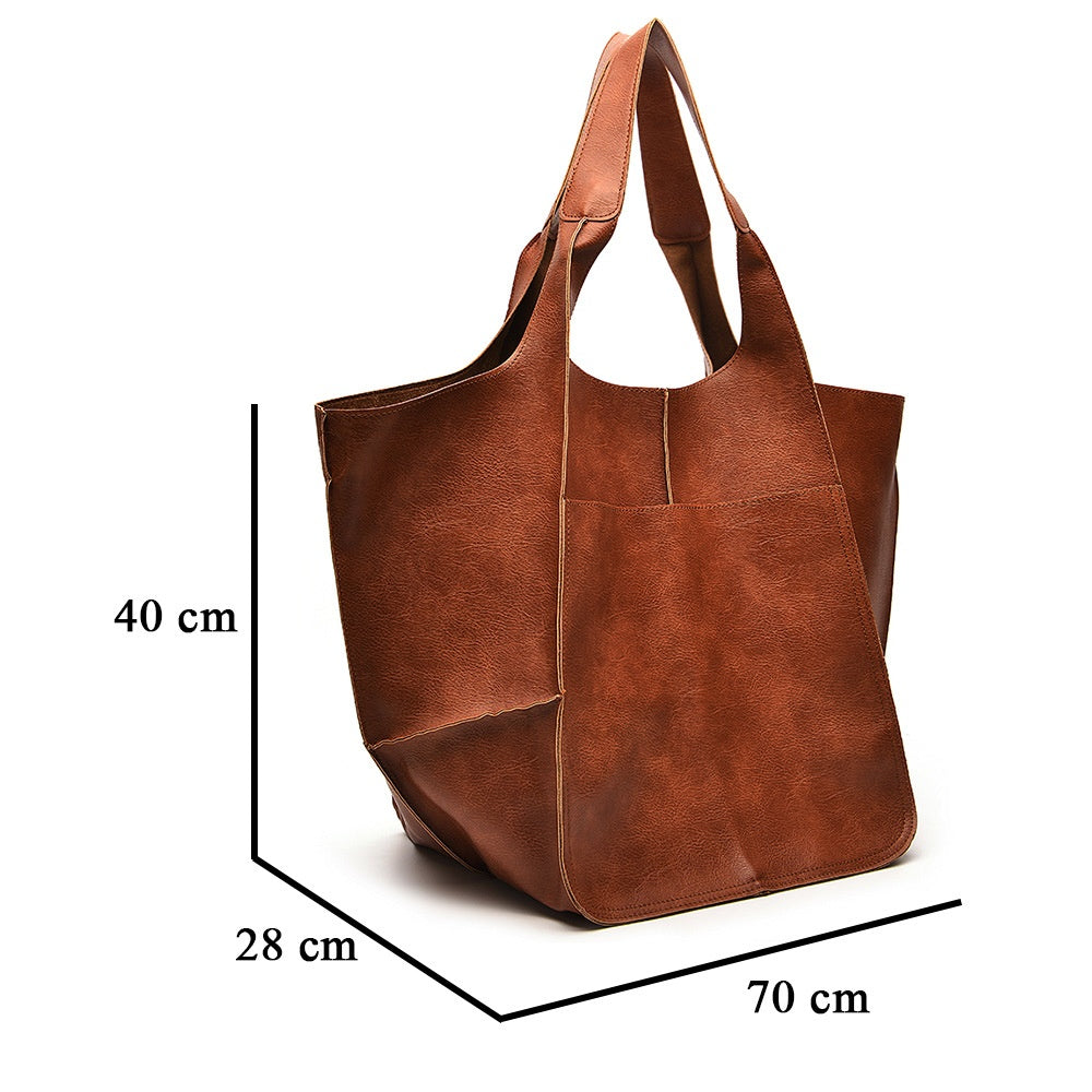 Retro PU Leather Tote Bag - Large Capacity Shoulder Bag