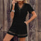 Boho Chic Lace Detail Outfit Women's V-Neck Solid Color Short Sleeve Summer Set