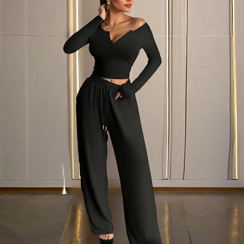 V-Neck Button-Up Top & Flared Pants Set