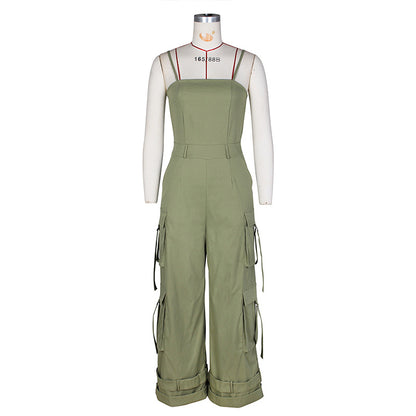 Women's Solid Color Sleeveless Jumpsuit - Wide Leg Romper With Adjustable Hem & 4 Pockets Summer Casual Outfit