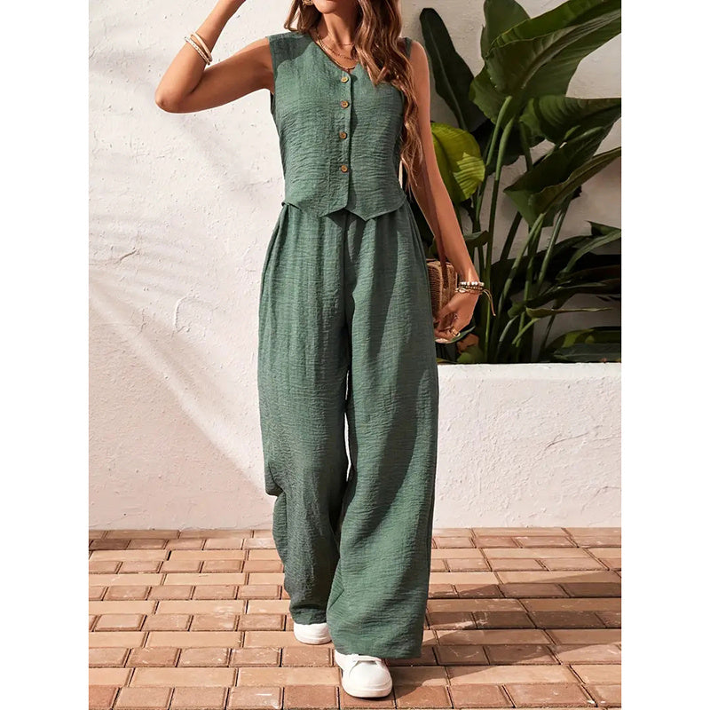 Button V-Neck Crop Vest Blazer & Wide Leg Pants Suit