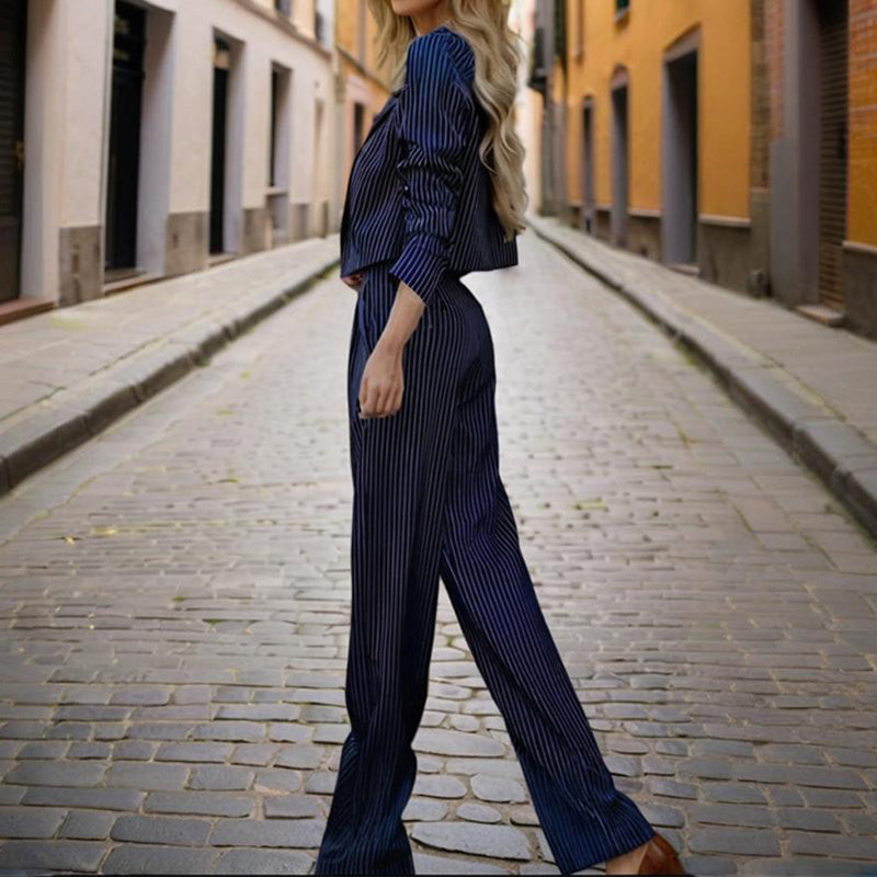 Striped Blazer Suit Set with Pleated Pants