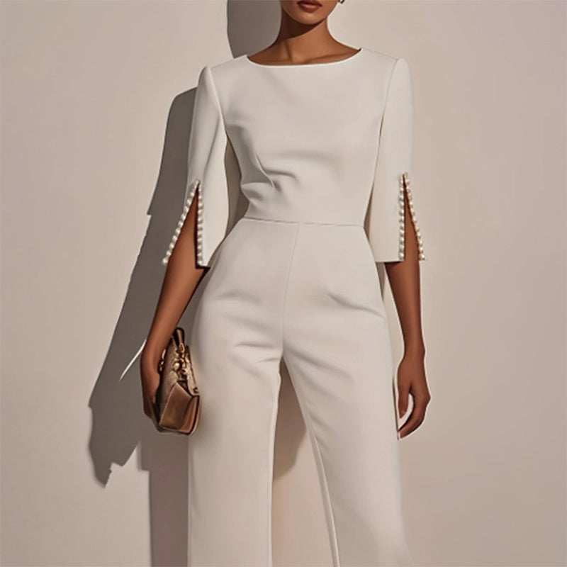 Elegant Round Neck Jumpsuit with Pearl Accents