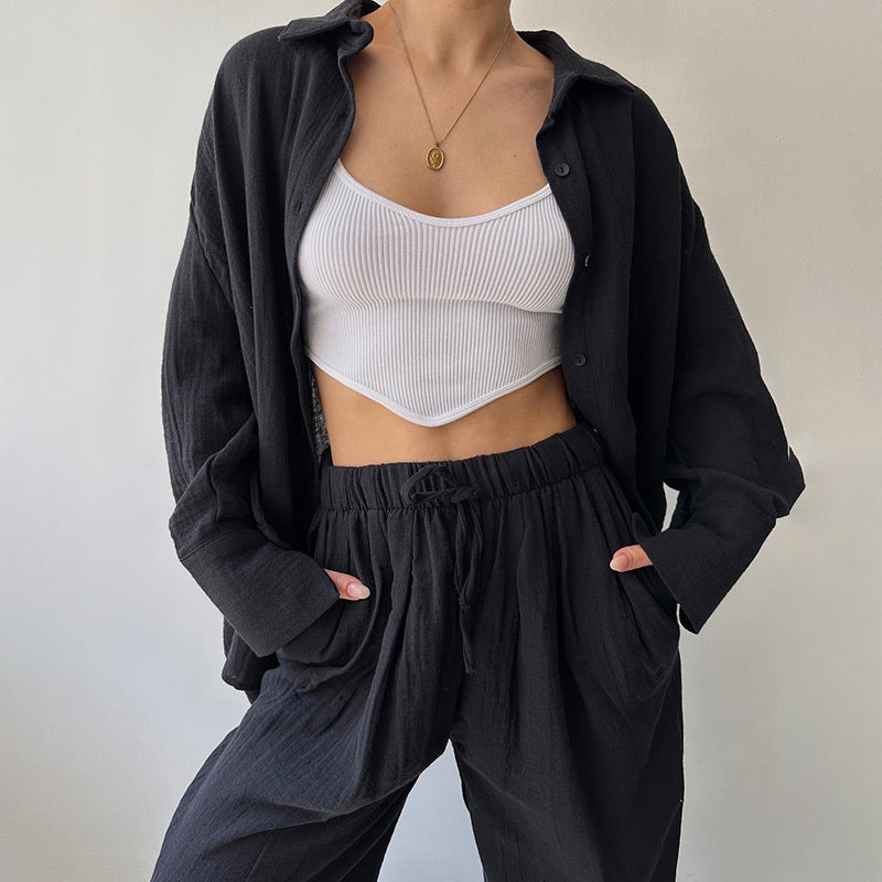 Lapel Collar Shirt & High-Waist Pants Set