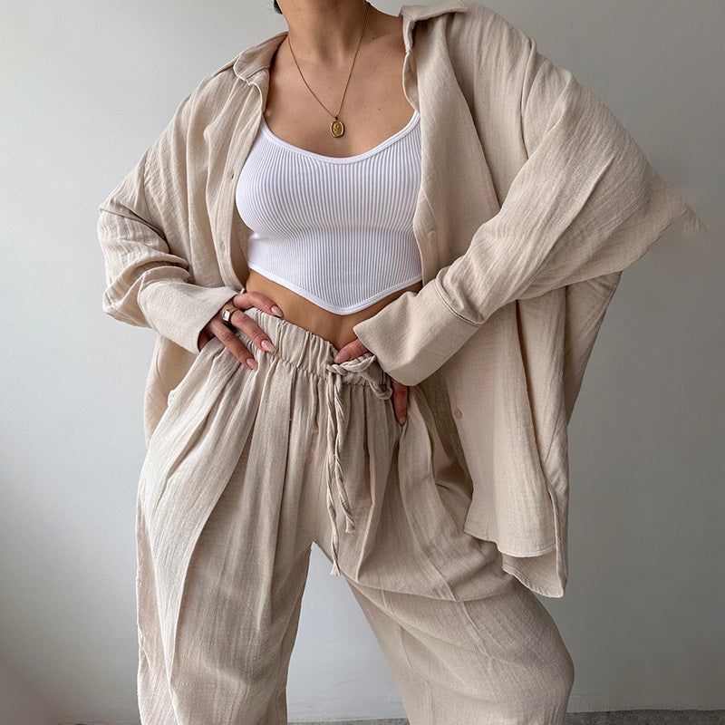 Lapel Collar Shirt & High-Waist Pants Set