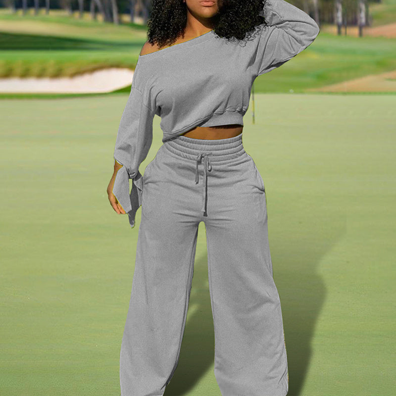 One-Shoulder Top & Pants Set with Pockets