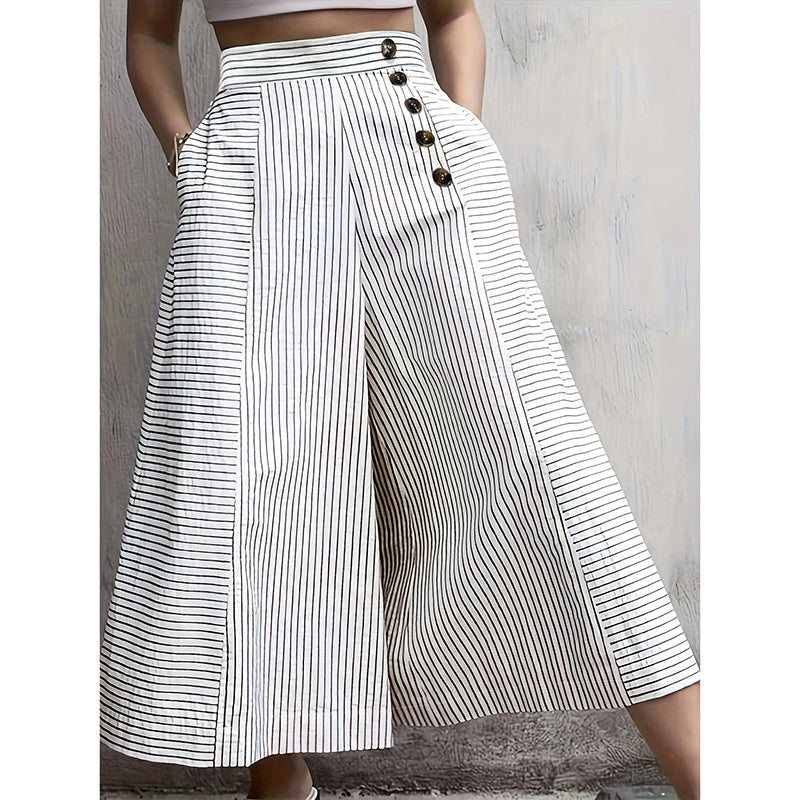 Striped Wide Leg Lounge Pants with Button Details