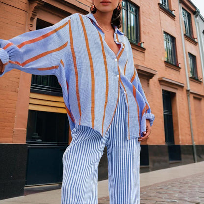 Women's Casual Striped Button-Down Shirt With Drop Sleeves Comfortable Loose-Fit Long Sleeve Top For Spring & Fall