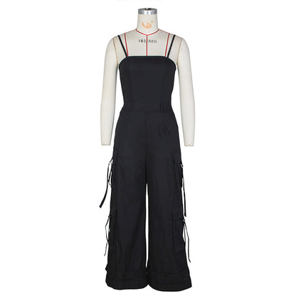 Women's Solid Color Sleeveless Jumpsuit - Wide Leg Romper With Adjustable Hem & 4 Pockets Summer Casual Outfit