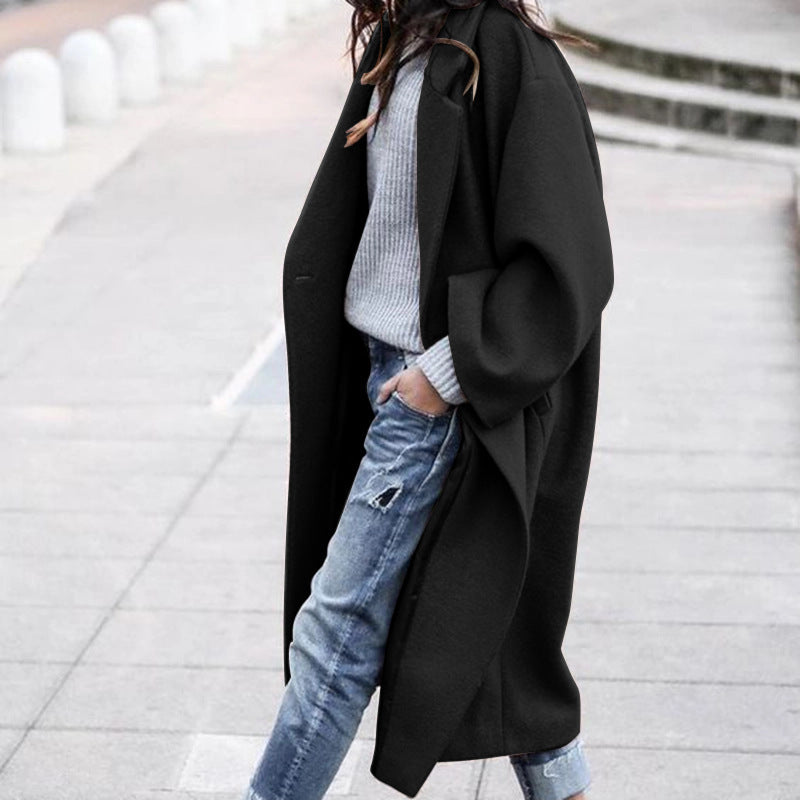 Long Woolen Coat with Pockets - Single Breasted Lapel Jacket