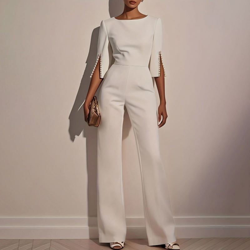 Elegant Round Neck Jumpsuit with Pearl Accents