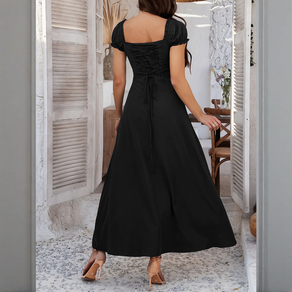Women's Bohemian Backless Maxi Dress Flowy Ruffled Beach Dress With Adjustable Belt Summer Vacation Boho Dress For Casual Outings