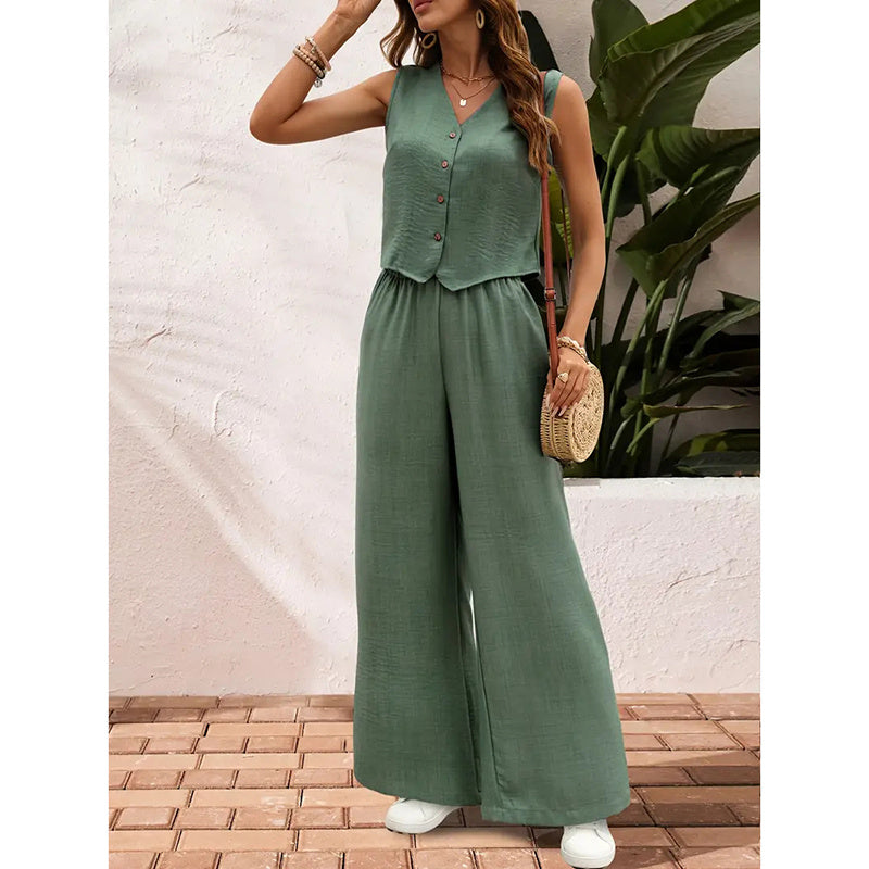 Button V-Neck Crop Vest Blazer & Wide Leg Pants Suit