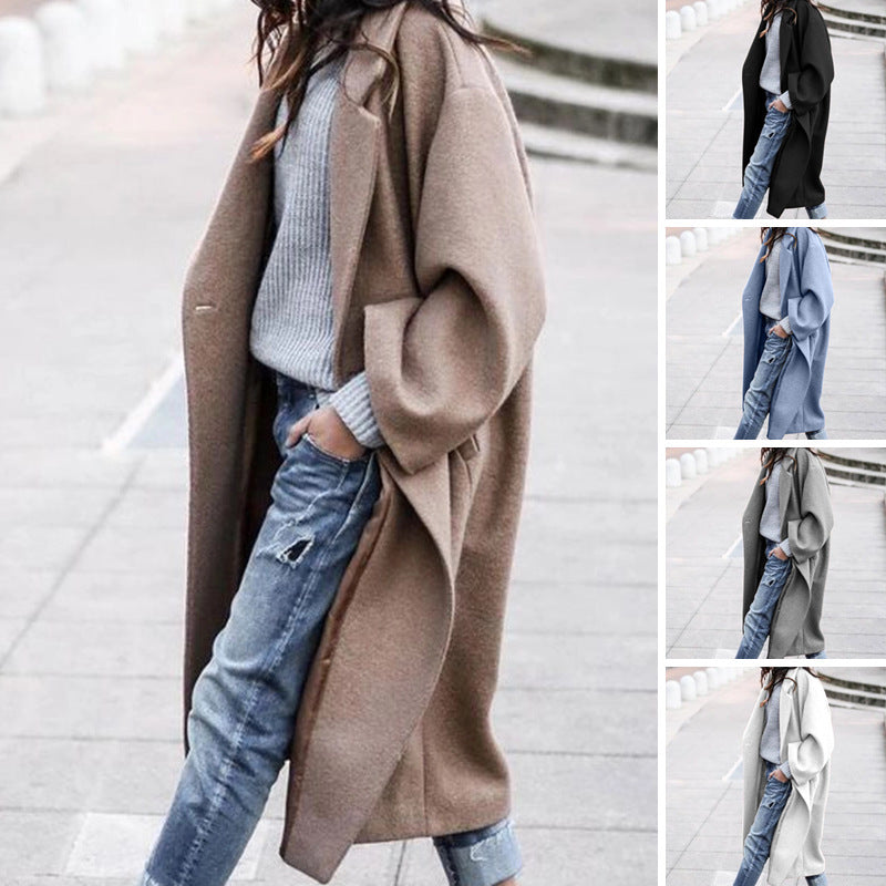 Long Woolen Coat with Pockets - Single Breasted Lapel Jacket
