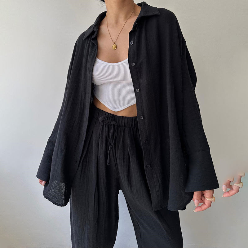 Lapel Collar Shirt & High-Waist Pants Set