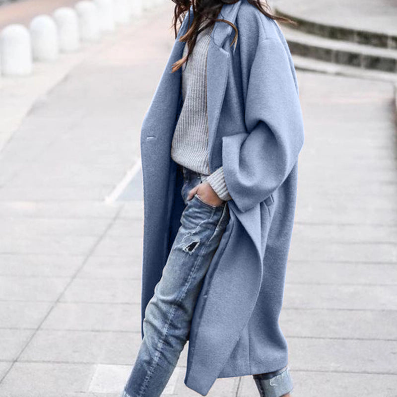 Long Woolen Coat with Pockets - Single Breasted Lapel Jacket