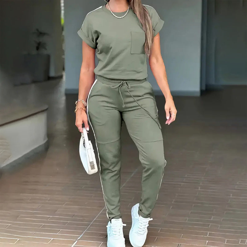 Short Sleeve Two-Piece Set with Stripe Trim
