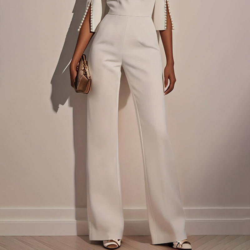 Elegant Round Neck Jumpsuit with Pearl Accents