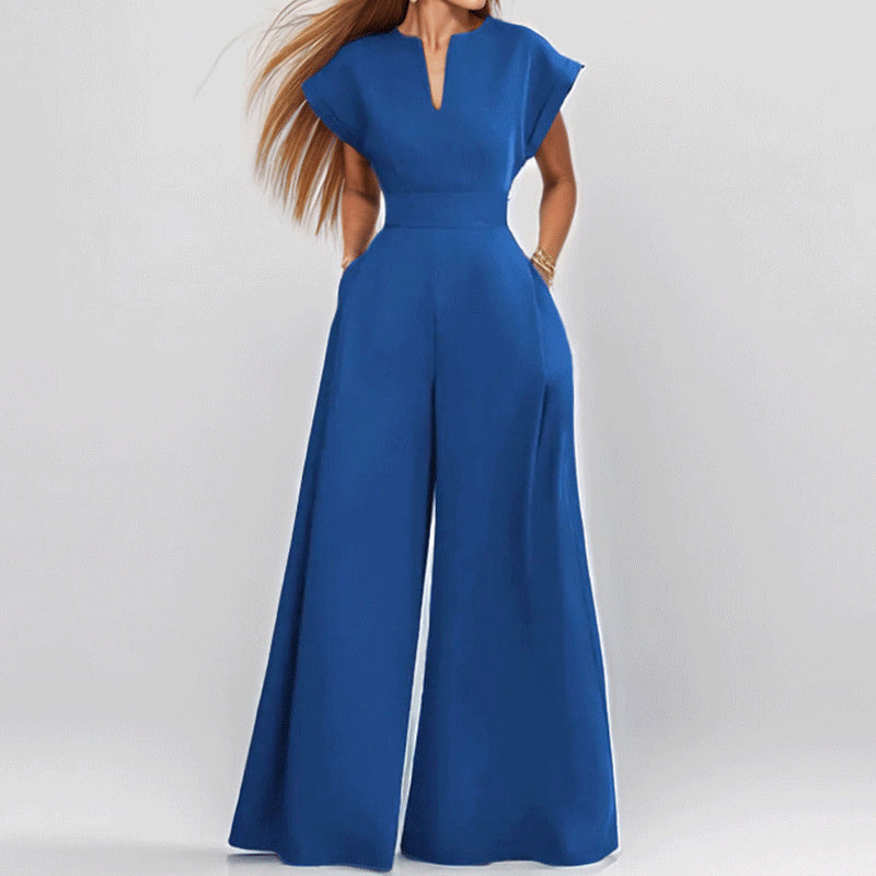V-Neck Wide Leg Jumpsuit with Tie Waist