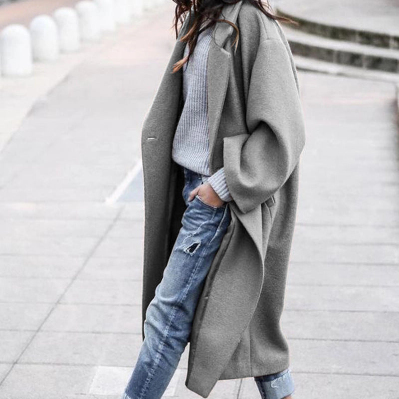 Long Woolen Coat with Pockets - Single Breasted Lapel Jacket