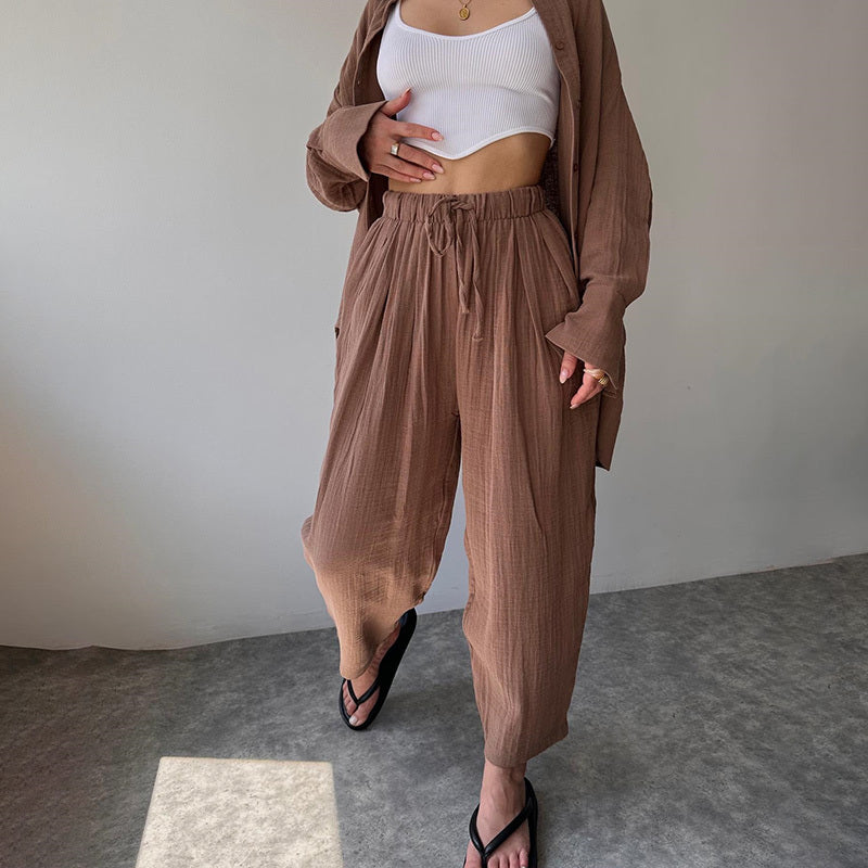 Lapel Collar Shirt & High-Waist Pants Set