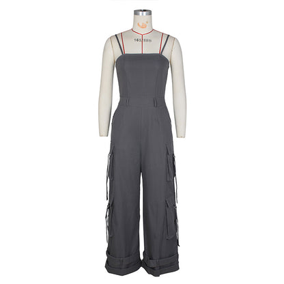 Women's Solid Color Sleeveless Jumpsuit - Wide Leg Romper With Adjustable Hem & 4 Pockets Summer Casual Outfit