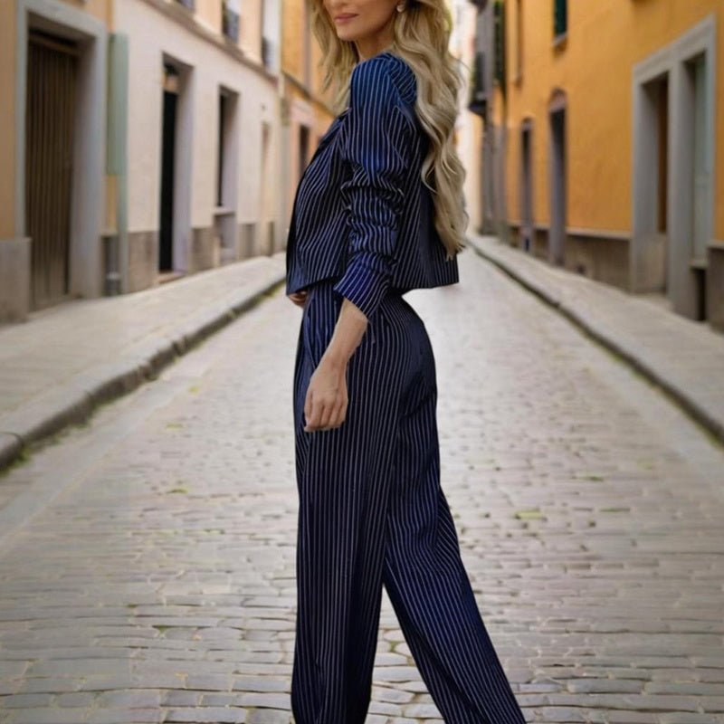 Striped Blazer Suit Set with Pleated Pants
