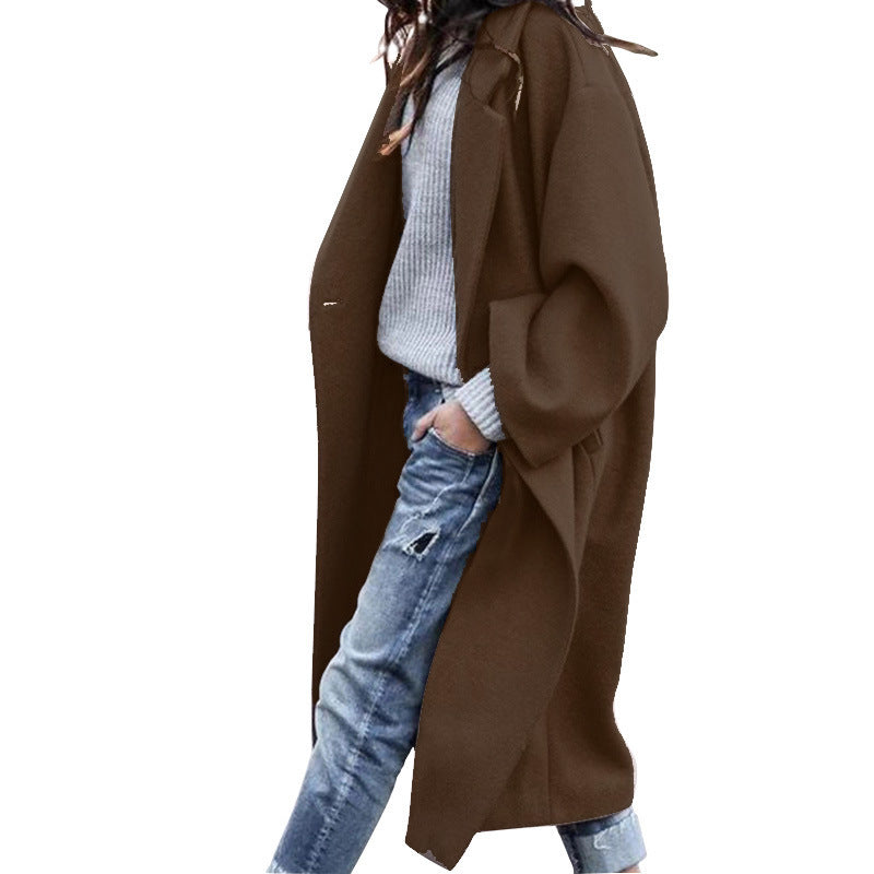 Long Woolen Coat with Pockets - Single Breasted Lapel Jacket