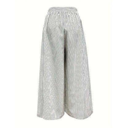 Womens Summer Casual Loose Striped Wide Leg Lounge Pants Elastic Waist Trousers With Button Details