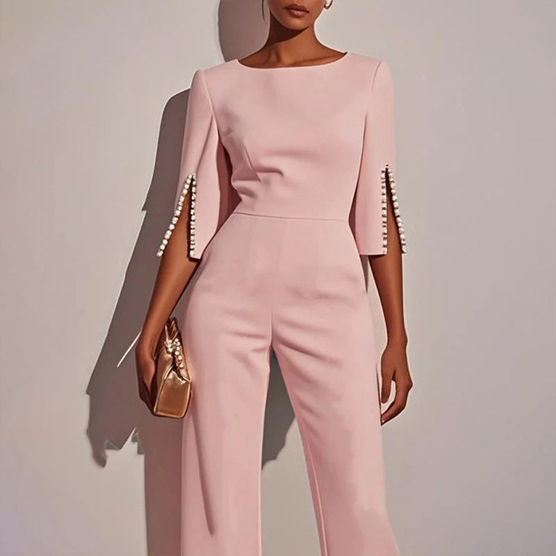 Elegant Round Neck Jumpsuit with Pearl Accents