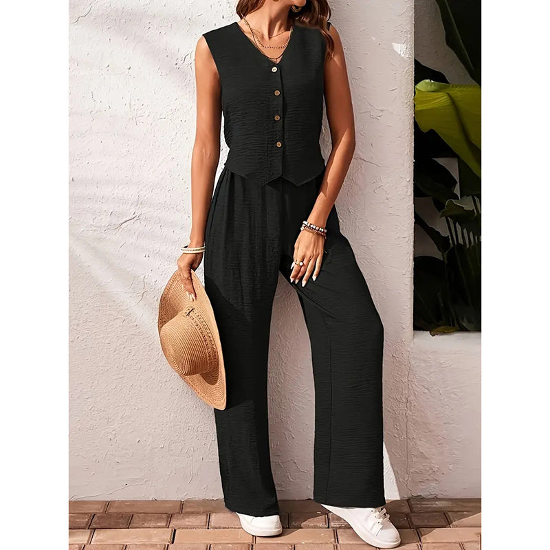 Button V-Neck Crop Vest Blazer & Wide Leg Pants Suit