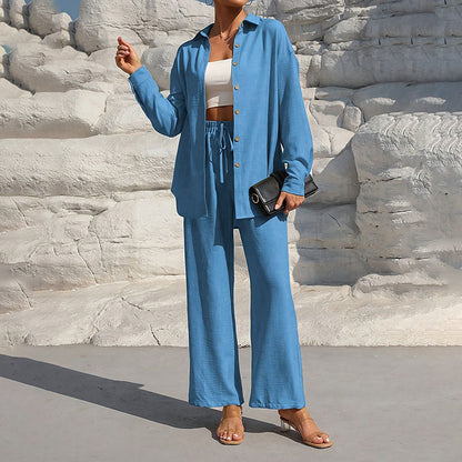 Women's Solid Color Lapel Long Sleeve Pants Set - Button-Up Casual Two-Piece Outfit With Drawstring Waist, Spring&Fall Lounge Wear