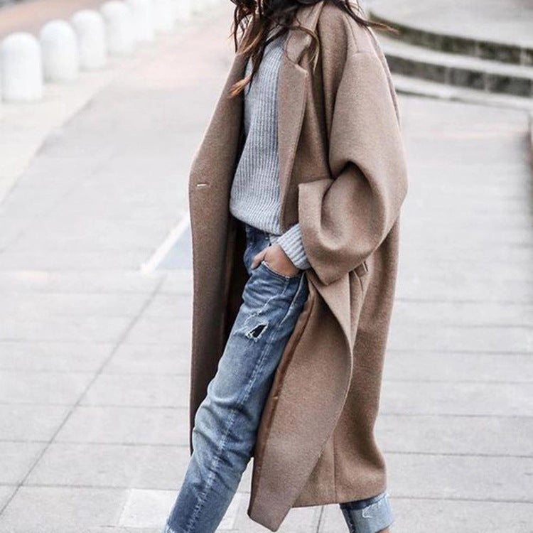 Long Woolen Coat with Pockets - Single Breasted Lapel Jacket