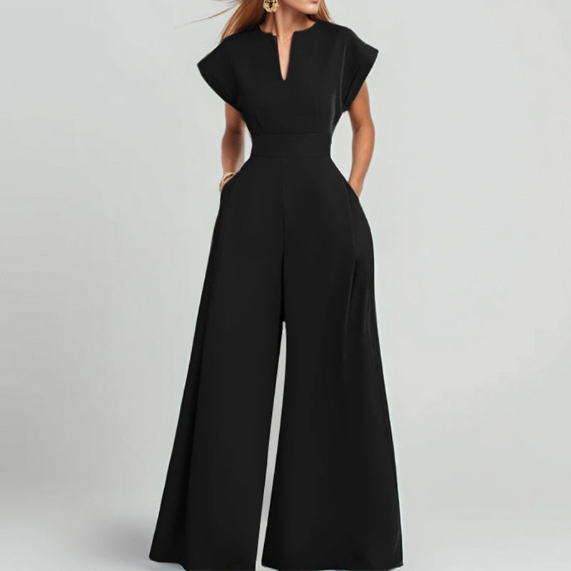 V-Neck Wide Leg Jumpsuit with Tie Waist