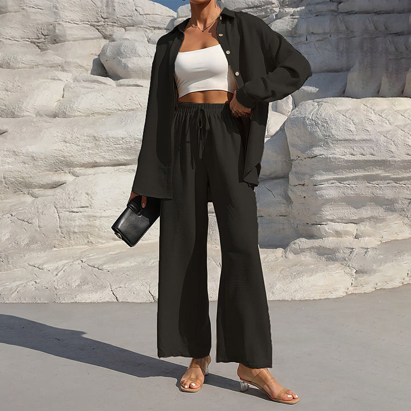 Lapel Button-Up Shirt & Drawstring Pants Set